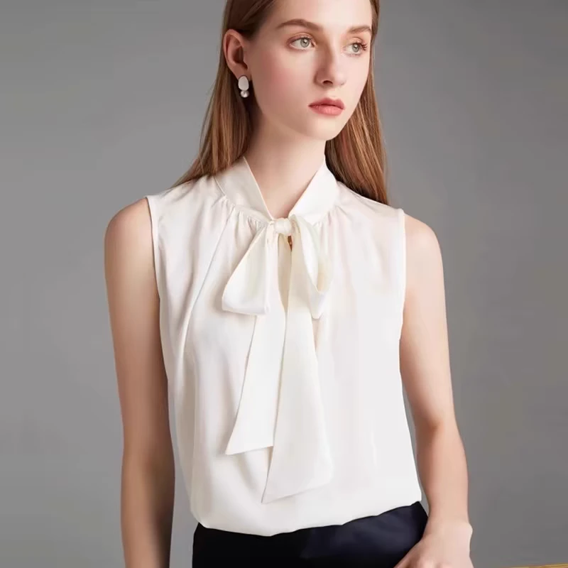 春夏新款女2024年气质雪纺衬衫内搭背心女无袖飘带上衣白色宽松衬