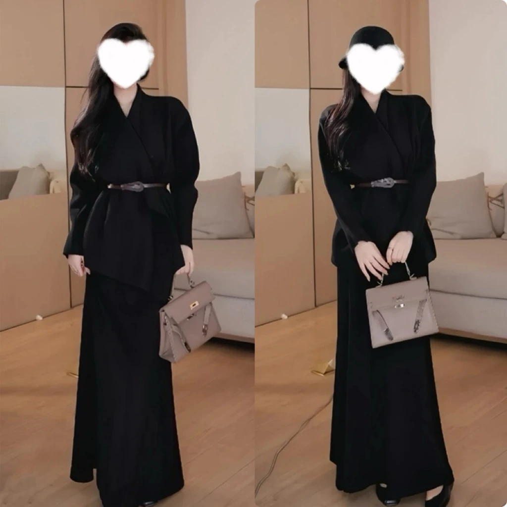 2024新款赫本风法式气质长袖网红翻领收腰外套+高腰显瘦半身裙