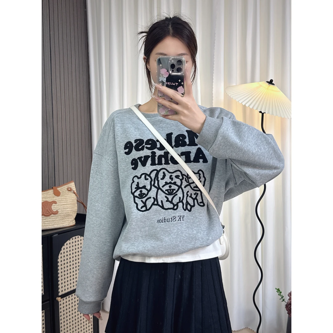 【U.NI.三只狗】2024韩系卫衣实穿女装秋冬落肩圆领长袖