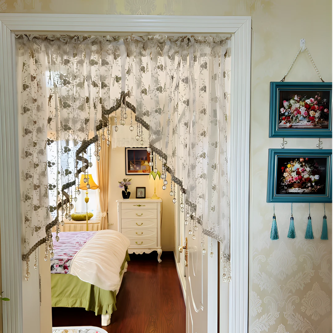 轻奢流苏边碎免打孔安装隔断门帘纱帘蕾丝布艺卧室厨房隔断