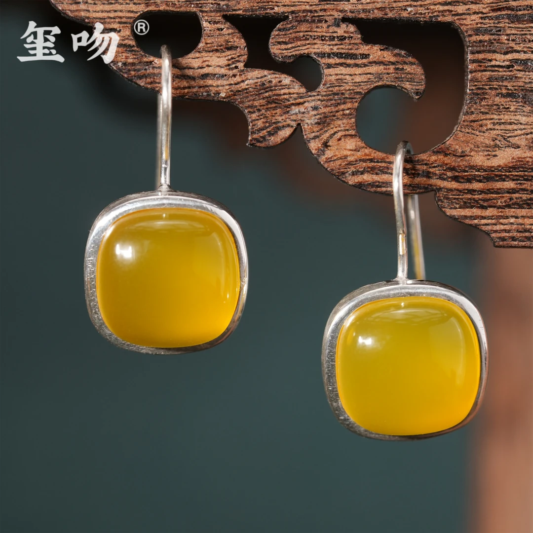 【玺吻】足银镶嵌 天然黄玛瑙耳饰 方形耳饰 经典 国风 设计款 耳饰