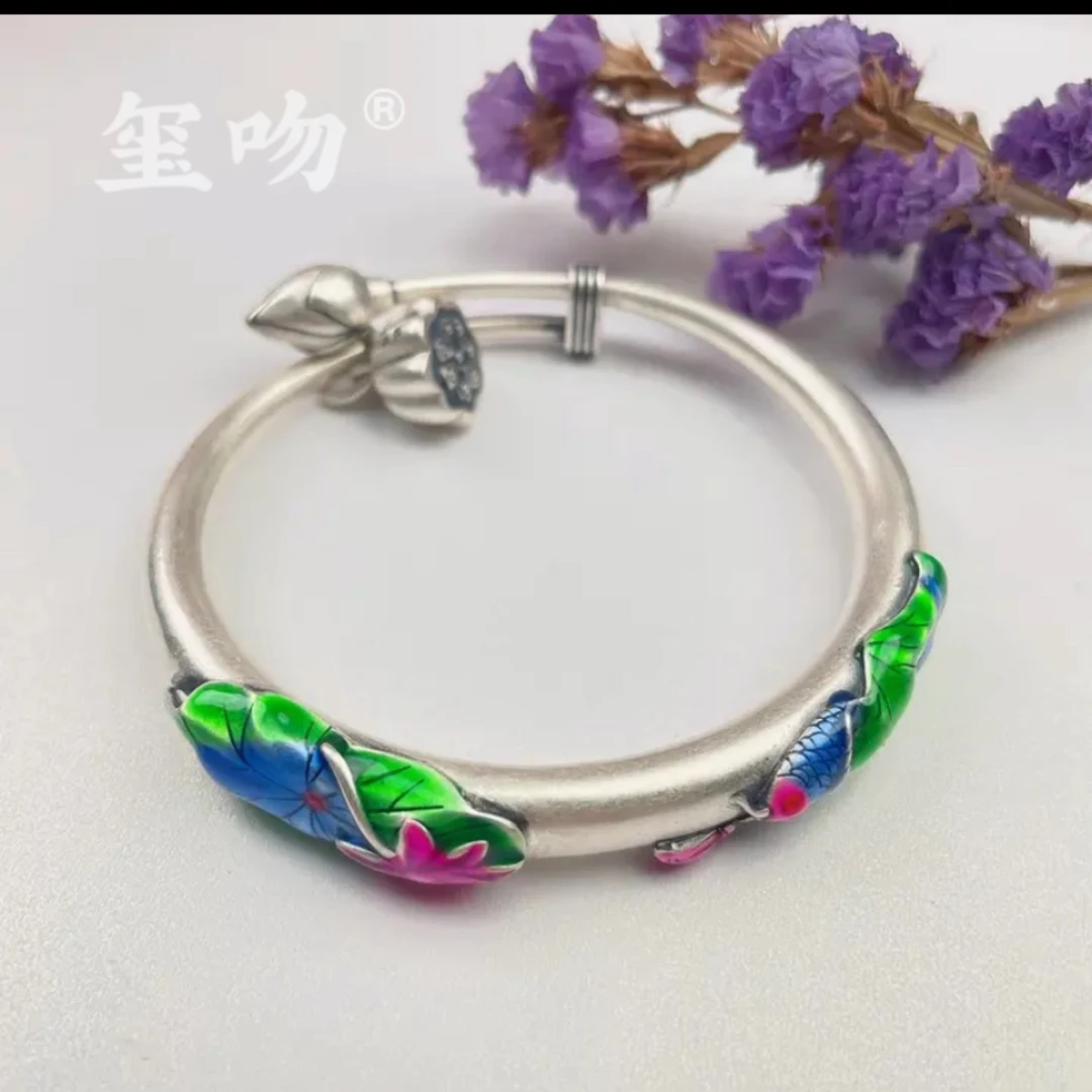 足银手镯 SZ032【玺吻】足银   珐琅彩烧蓝 鱼戏莲两世欢推拉手镯