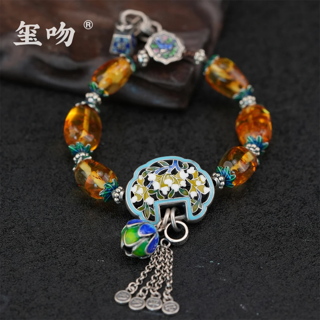 【玺吻】s925银 花珀莲花福牌岁岁平安称心如意手链   手工复古手链