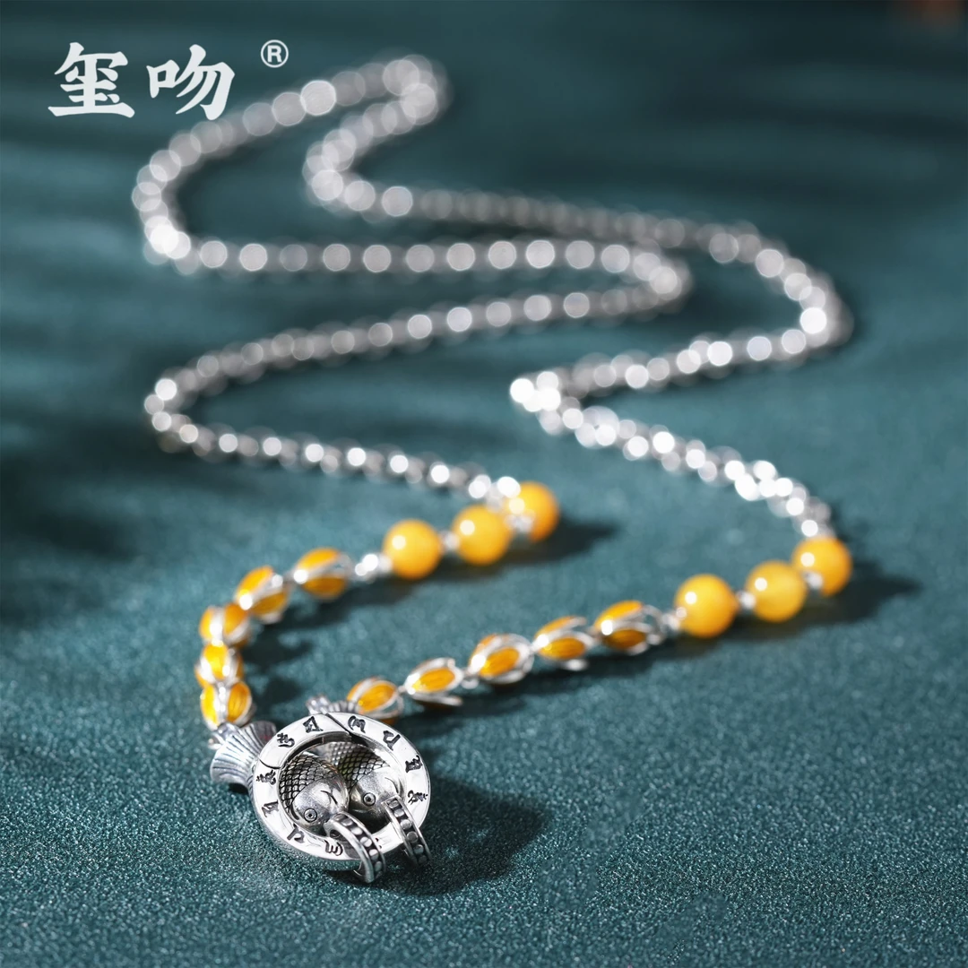 链子925银 【玺吻】s925银 天然蜜蜡莲花双鱼毛衣链 项链 百搭轻奢
