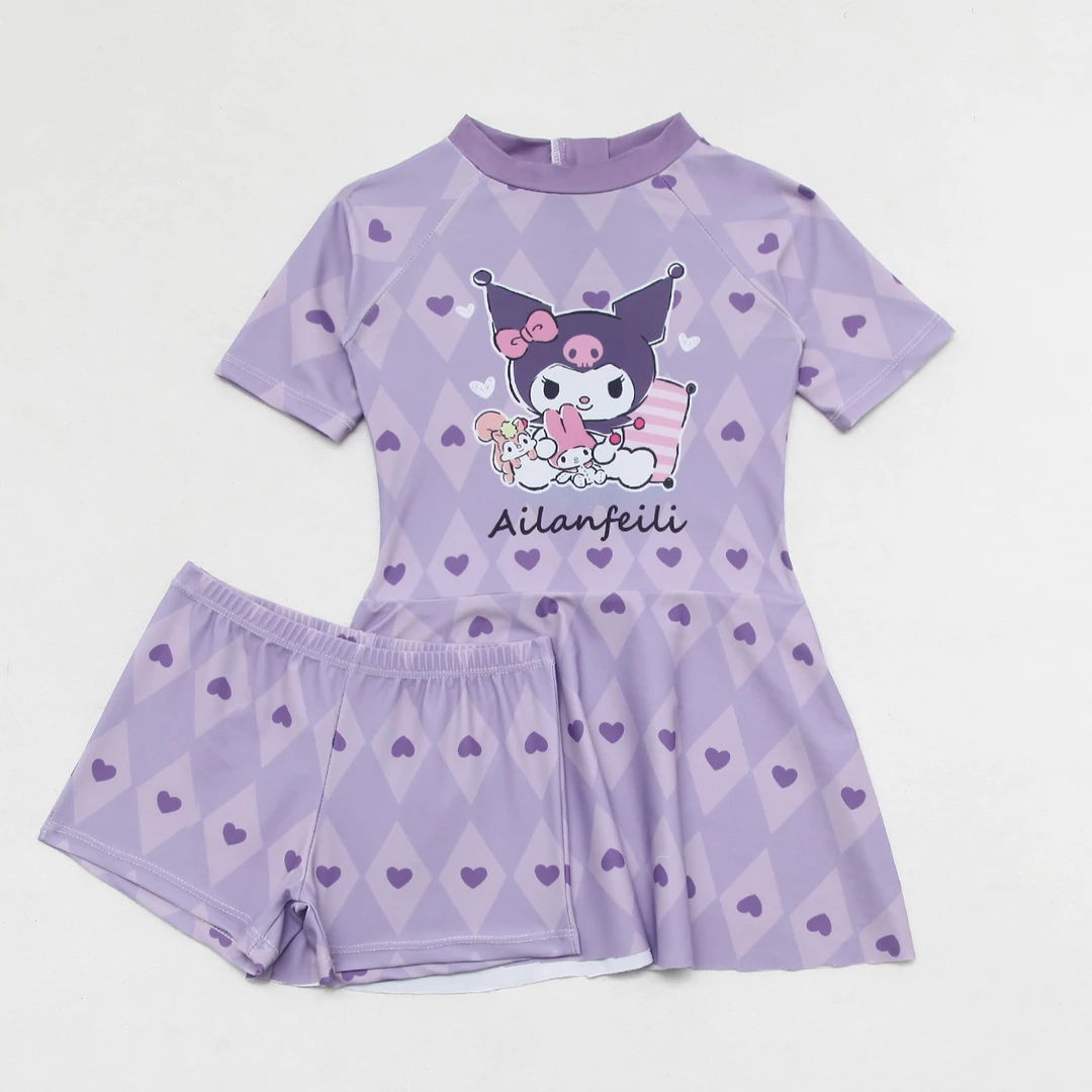 儿童泳衣夏季紫色卡通中大童甜美时尚宝宝女孩防晒分体裙式泳装