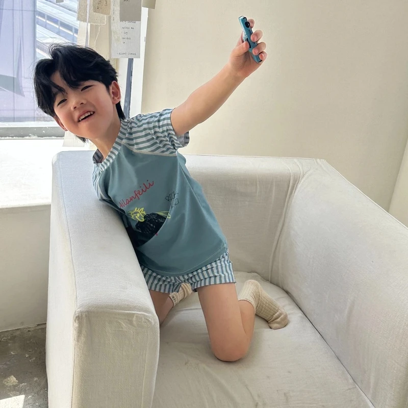 省钱风高级感穿搭ins风韩国男宝短袖短裤套装泳衣裤平角裤游泳衣