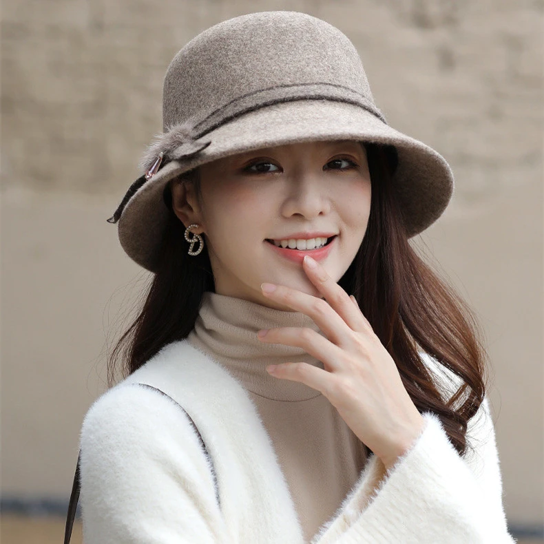 2024新款秋冬季大檐显脸小渔夫帽女时尚可折帽子冬天保暖羊毛呢帽
