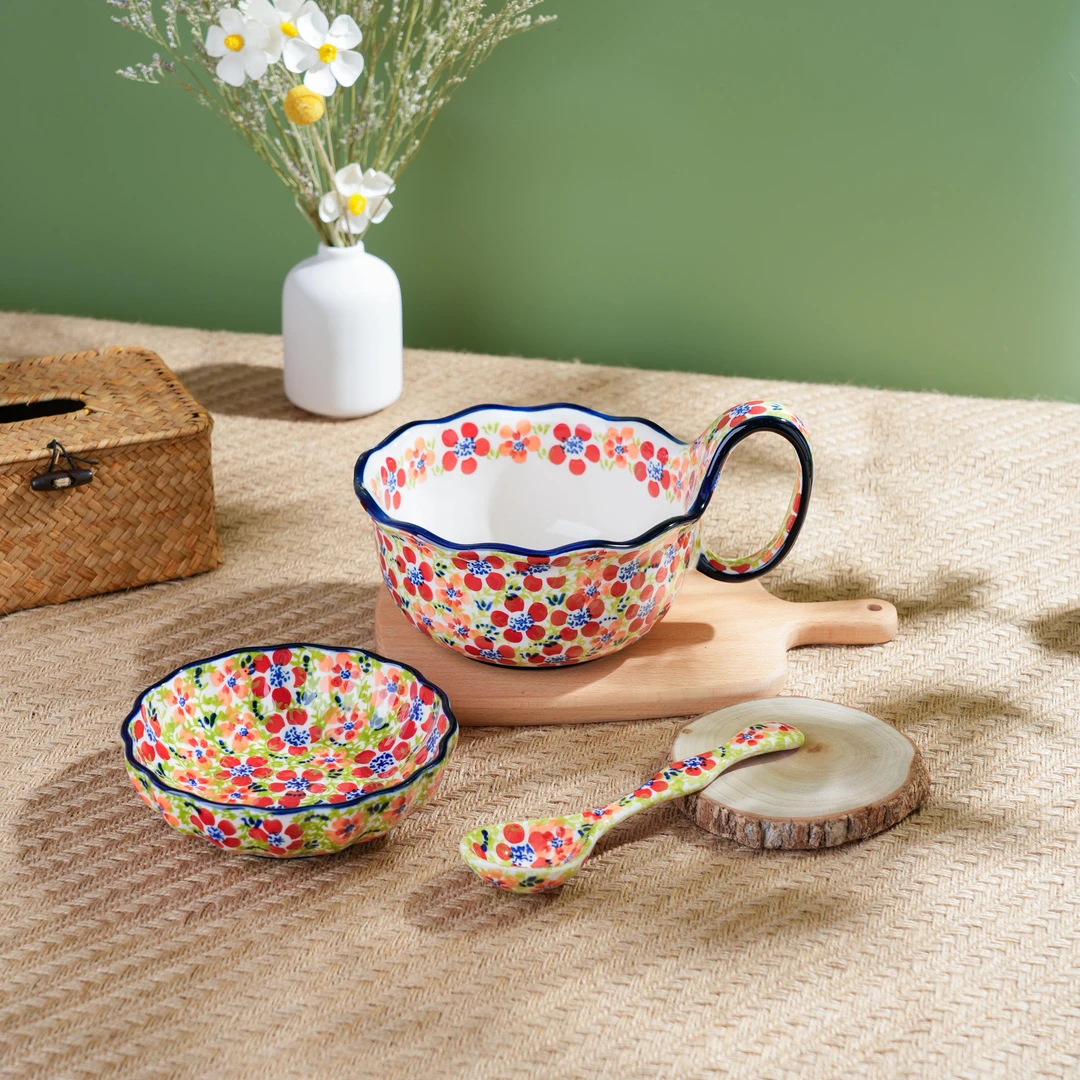 【西里西亚】手绘碧丝粉黛-1000ml曲把碗勺碟三件套