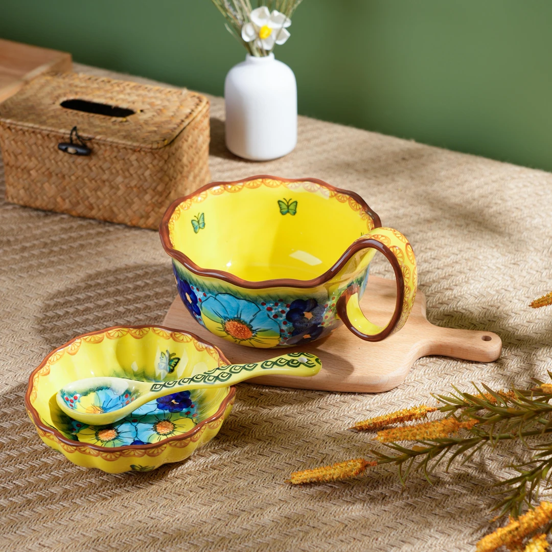 【西里西亚】手绘琉璃黄-1000ml曲把碗三件套