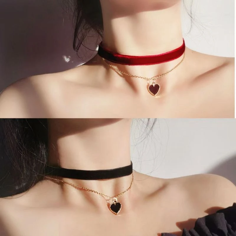 红色爱心双层锁骨链choker女高级设计感小众脖颈链敬酒服项链配饰
