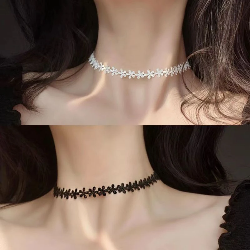 小花朵蕾丝choker颈链女黑色白色简约百搭短款锁骨链项圈chocker