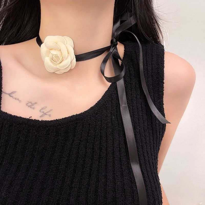 复古系带立体山茶花大花朵项圈choker晚宴项链女脖子饰品性感颈带