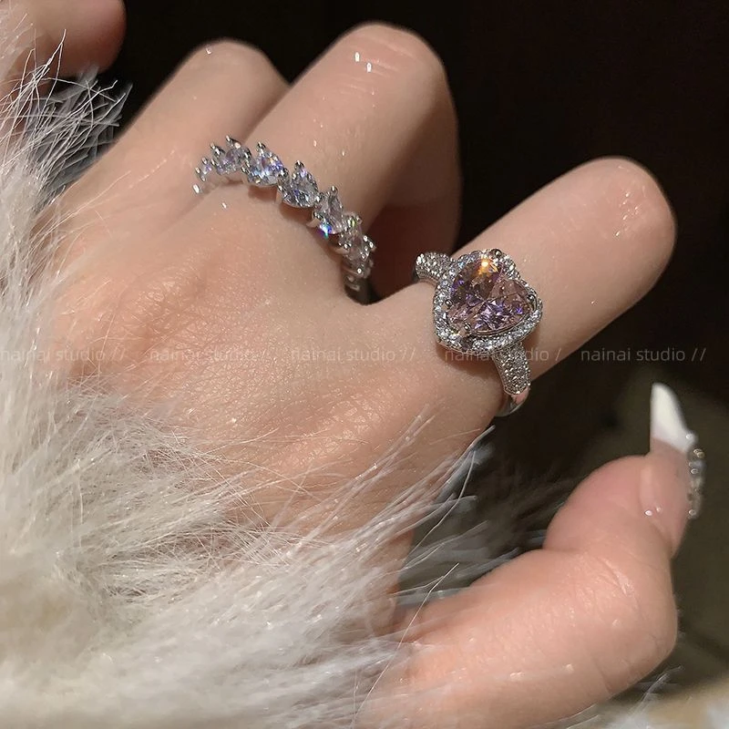 锆石bling~粉色爱心戒指轻奢高级感超闪2023年新款食指戒开口指环