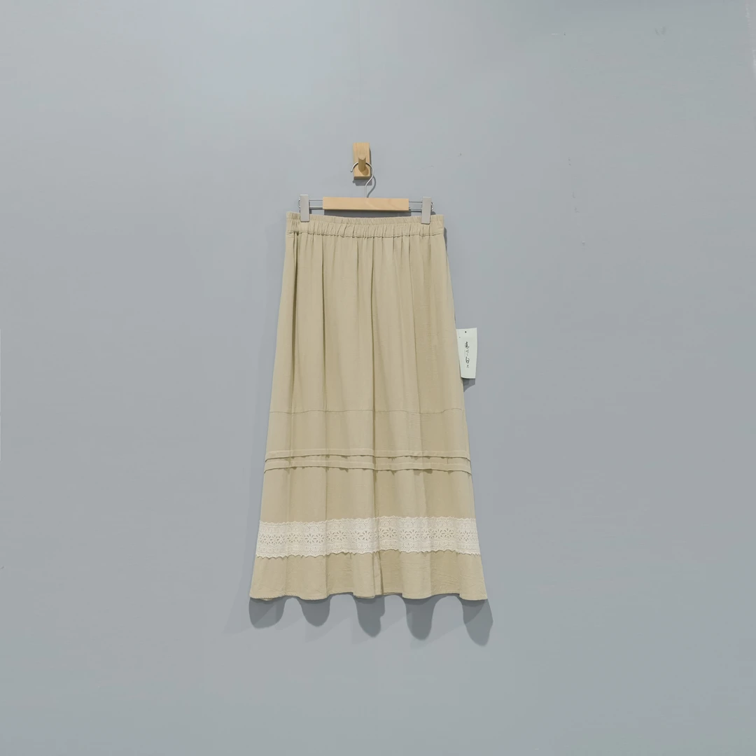 【且听风吟】0410467文艺麻棉花边牙签条松紧腰半裙 裙长89