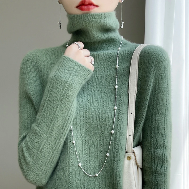 好看百搭不挑人羊毛堆堆领镂空百搭嵌花宽松慵懒风长袖打底衫洋气