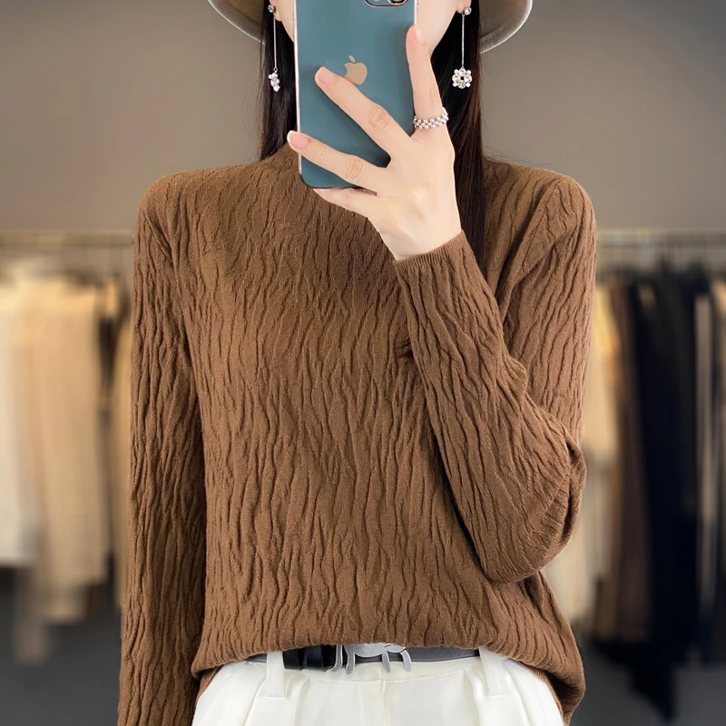 柔软好穿2024冬季新款半高领3D复古花纹长袖套头宽松毛针织打底衫