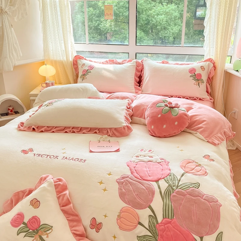 A类牛奶绒刺绣四件套加厚韩版套件少女心加绒绒被双面花边款套件
