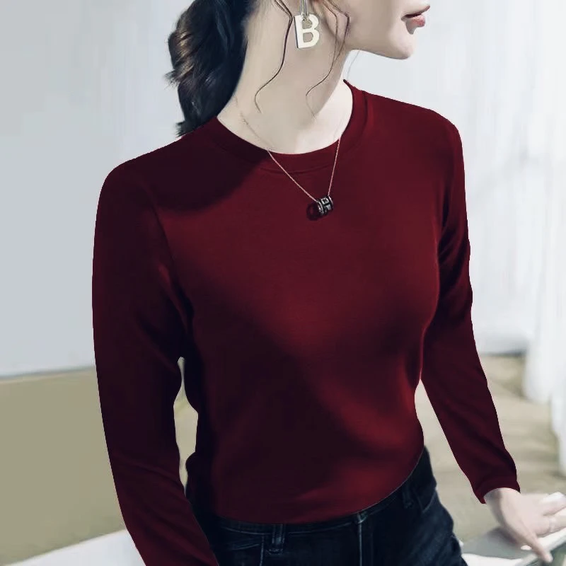 秋冬616圆领长袖时尚修身显瘦网红百搭上衣打底衫圆领打底衫女