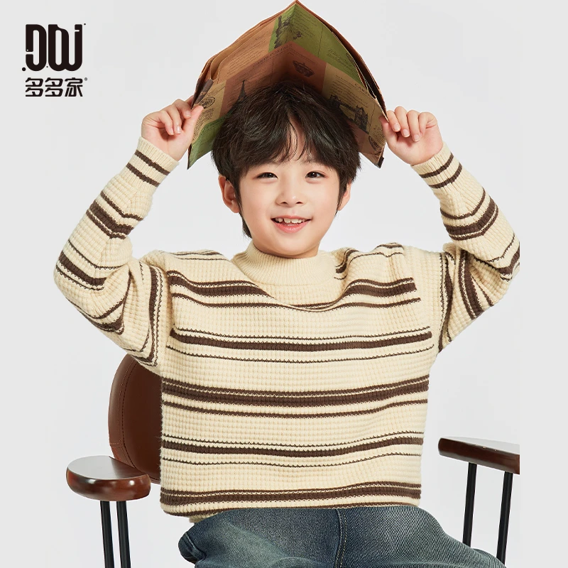 多多家9753【奶呼呼.条纹撞色】中大童冬季奶黄条纹长袖圆领毛衣