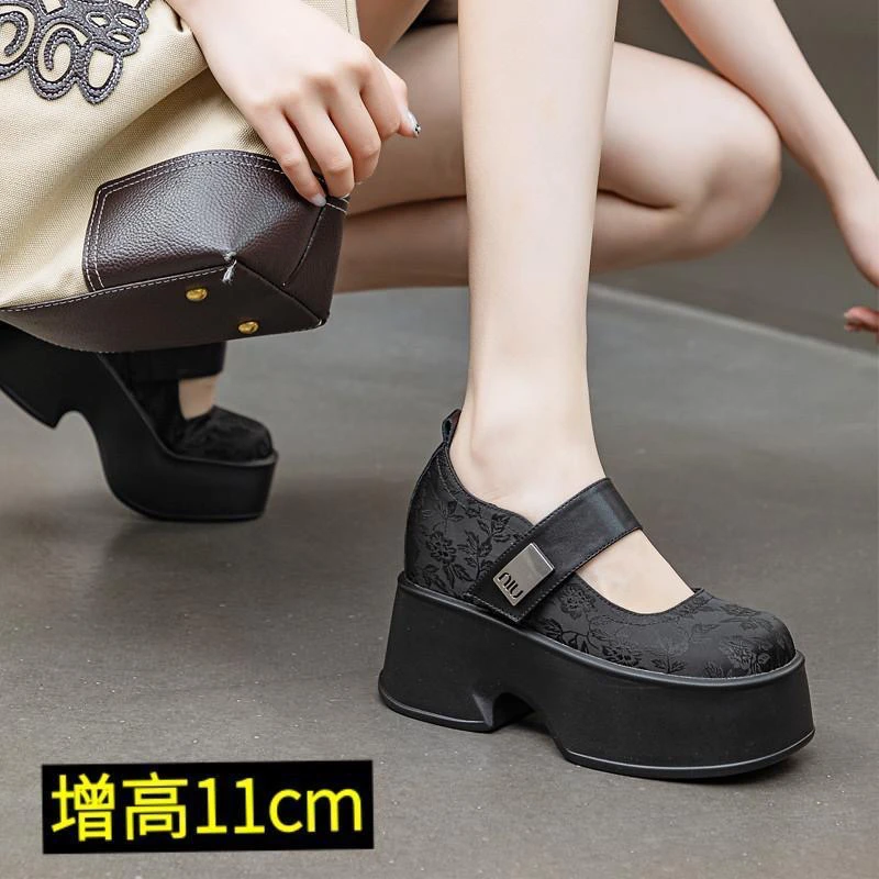 小个子增高11cm玛丽珍鞋女鞋2025新款方头浅口单鞋女厚底松糕鞋