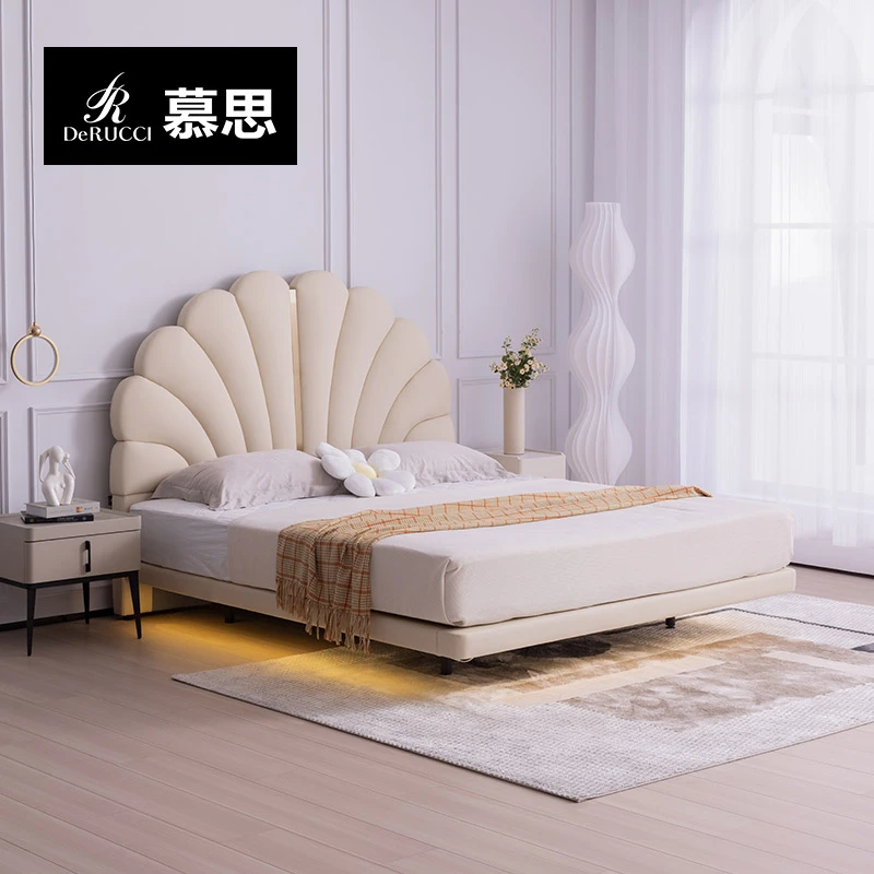 慕思真皮床轻奢主卧双人床奶油风大床软床135（床架）