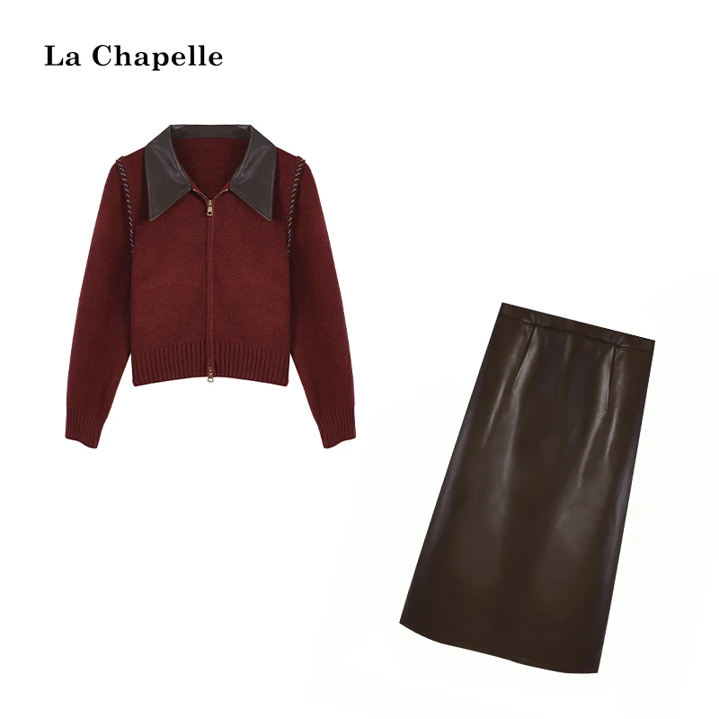 【摩卡咖啡】冬拼接pu皮假两件上衣+半裙LA4ZL101288