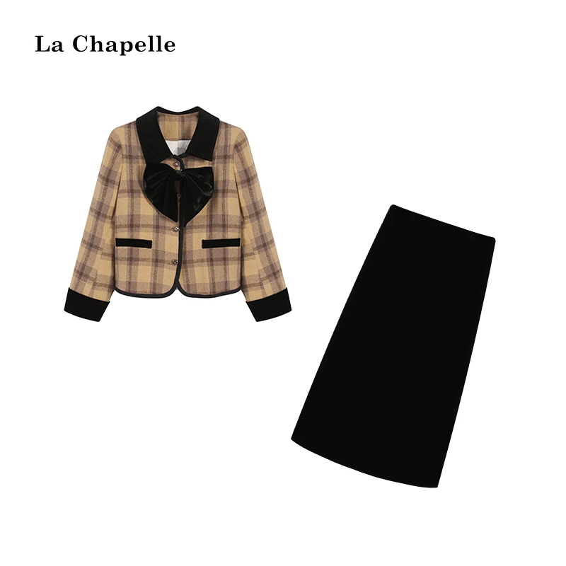 拉夏贝尔Homme/【黄油美式】法式黑拼咖外套+丝绒半裙LA4ZL100178