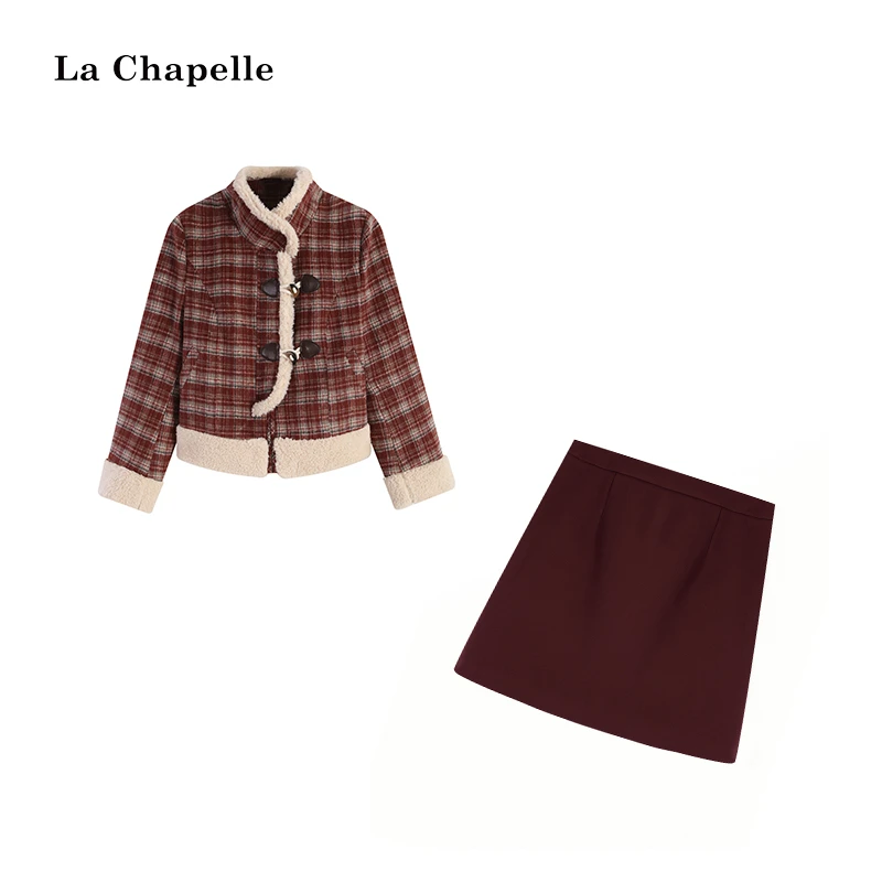 拉夏贝尔Homme/【圣诞限定】红格毛毛加厚外套+短裙LA4ZL101597