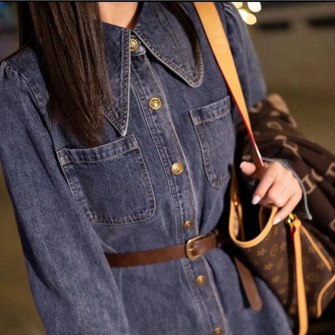 2023早冬季中长款衬衫潮牛仔很忙领角不规则设计牛仔外套女