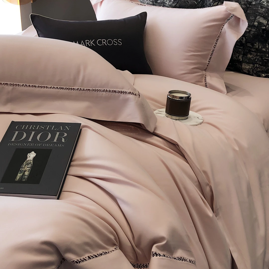 雯雯妈-年货节！MARKCROSS【埃米莉亚-粉-蓝】镂空长绒棉磨毛四件套