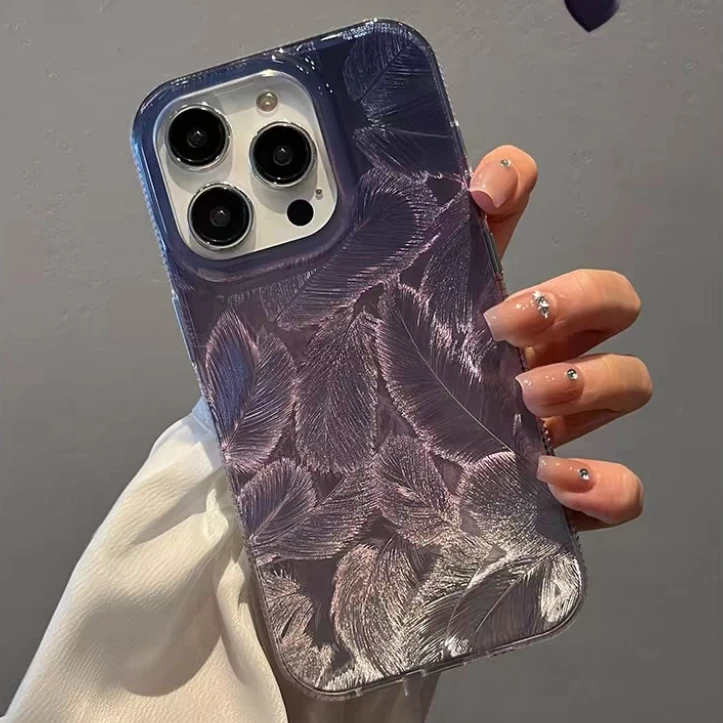 名媛炫彩羽毛纹渐变雪青色iphone15手机壳14pro轻奢13苹果12pro女