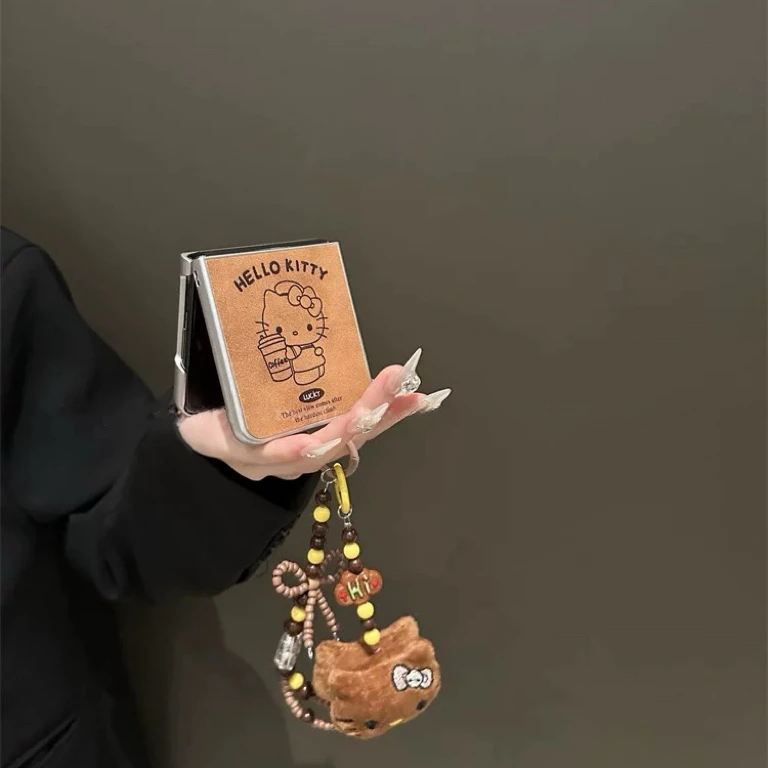 咖啡kt猫毛绒链适用华为pocket2手机壳matex5折叠屏zflip6/5卡通