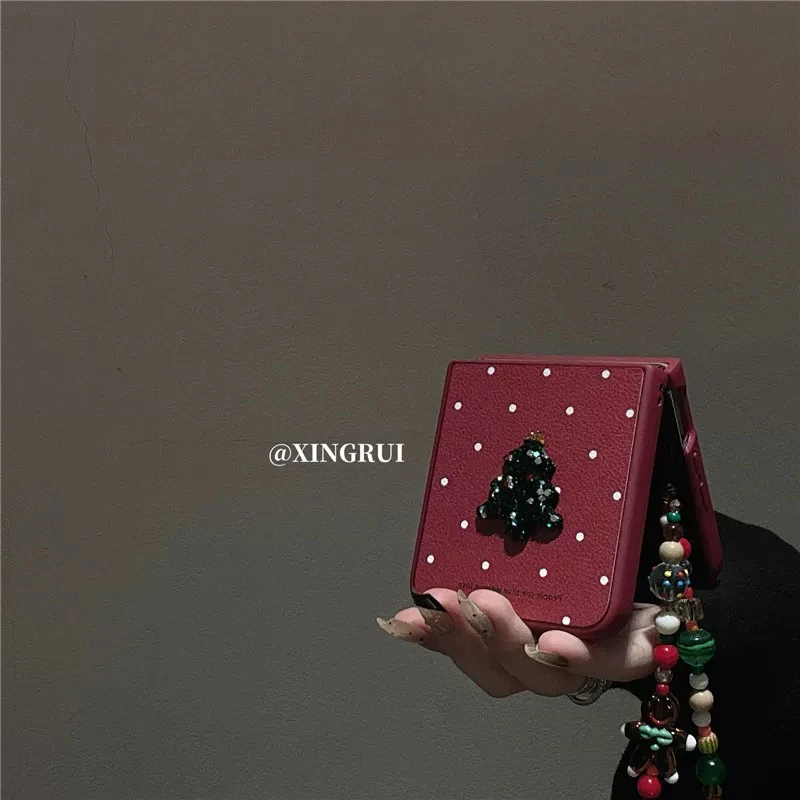 ins红色波点立体圣诞树适用华为pocket2/s折叠屏手机壳zflip6日韩