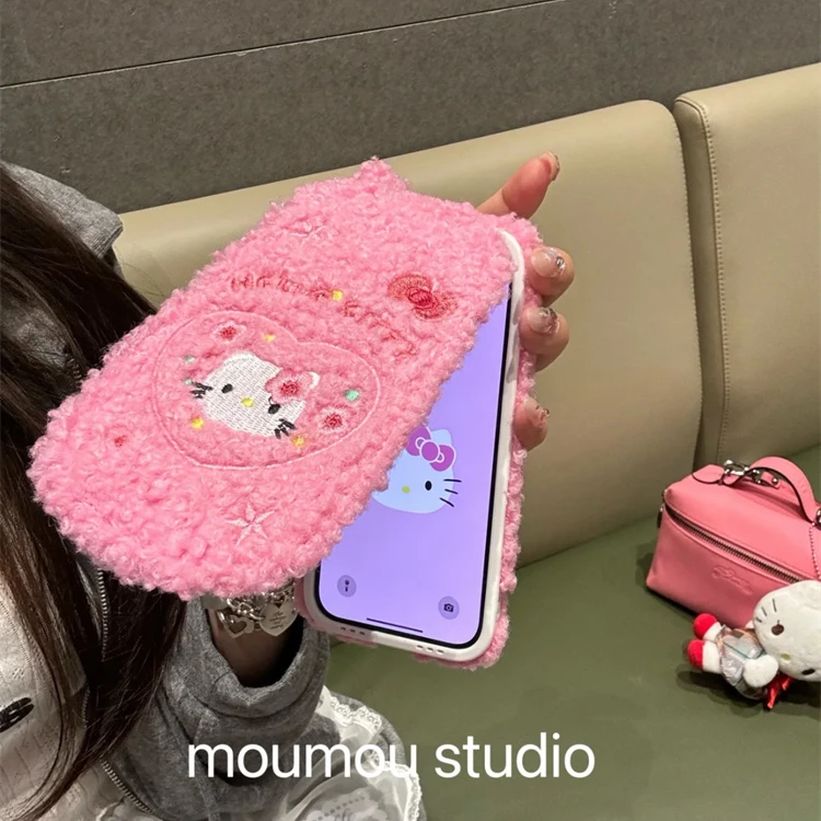 ins翻盖镜子刺绣粉Kitty适用于苹果16promax手机壳15创意14新款13