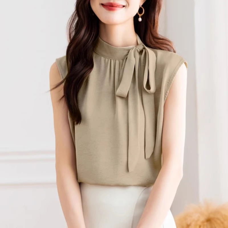 夏季新款设计感立领系带无袖衬衫女式洋气雪纺衬衣别致减龄上衣