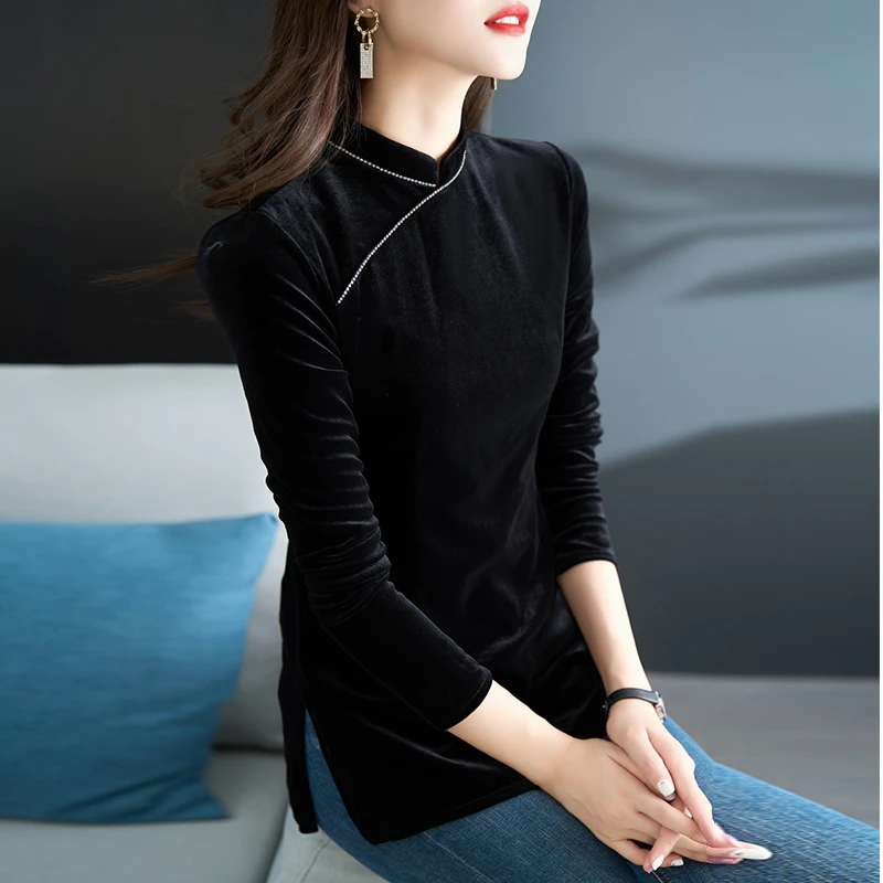 早秋季国风打底衫女装2025新款中式小衫旗袍领内搭T恤金丝绒上衣