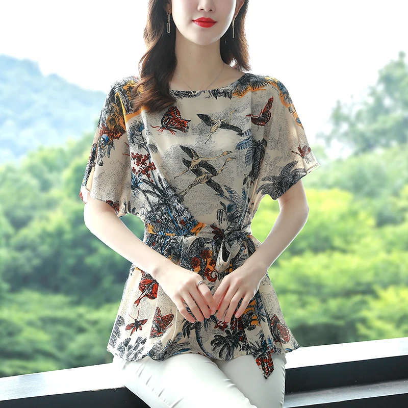 时尚气质短袖雪纺衫女夏季薄款洋气印花上衣妈妈收腰遮肚显瘦小衫
