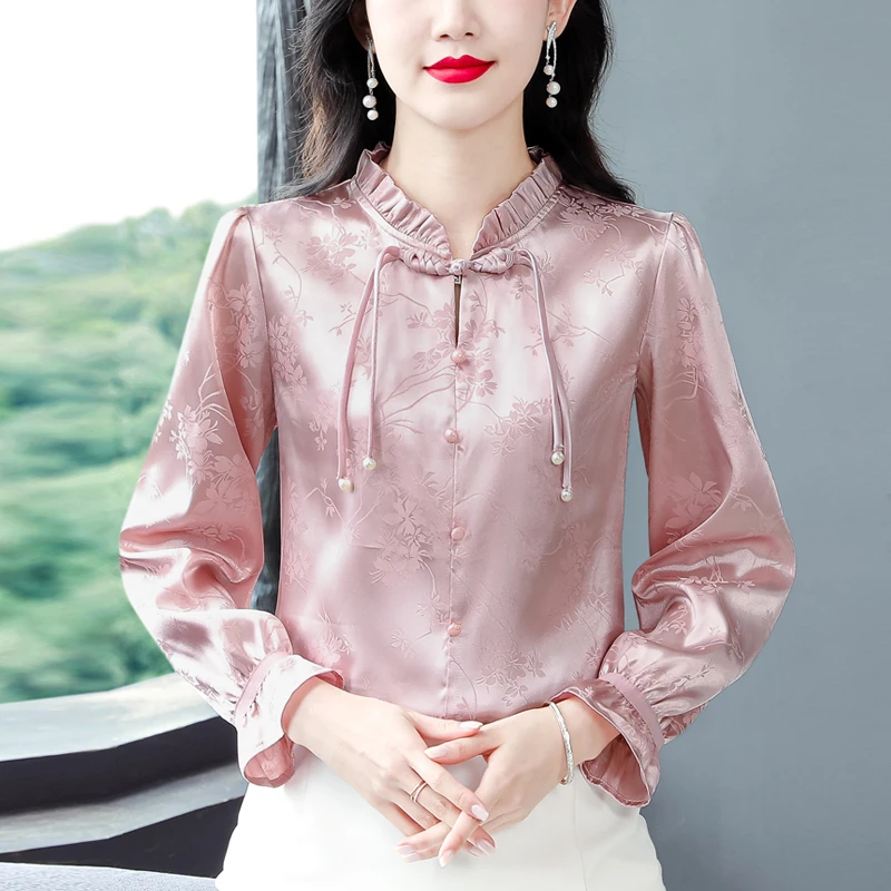新中式提花盘扣长袖衬衫粉色立领上衣女装春秋新款国风唐装衬衣