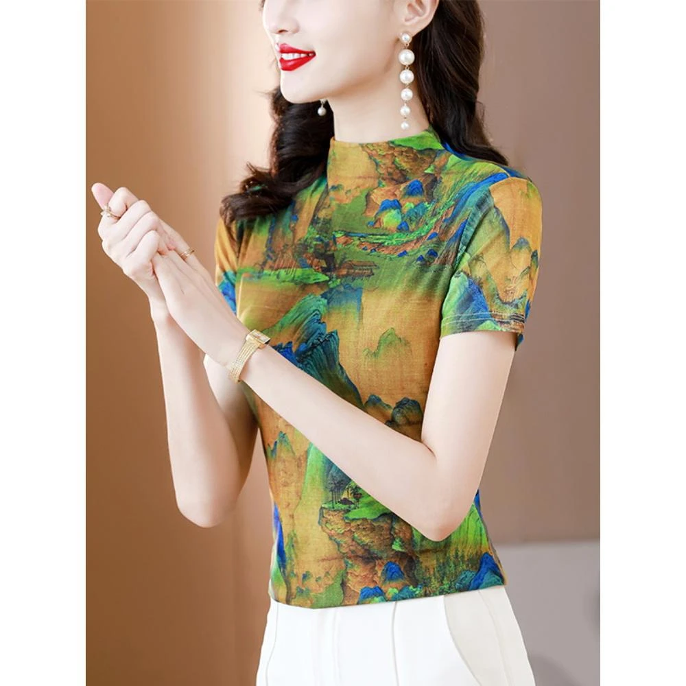 半高领印花短袖t恤女夏季2025新款弹力网纱修身上衣时尚短款小衫