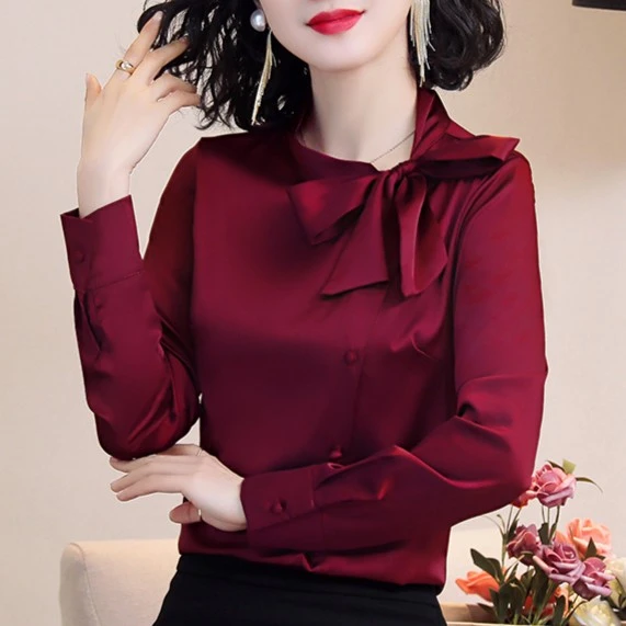 红色女士长袖衬衫女秋季2025新款女装洋气衬衣妈妈秋装蝴蝶结上衣