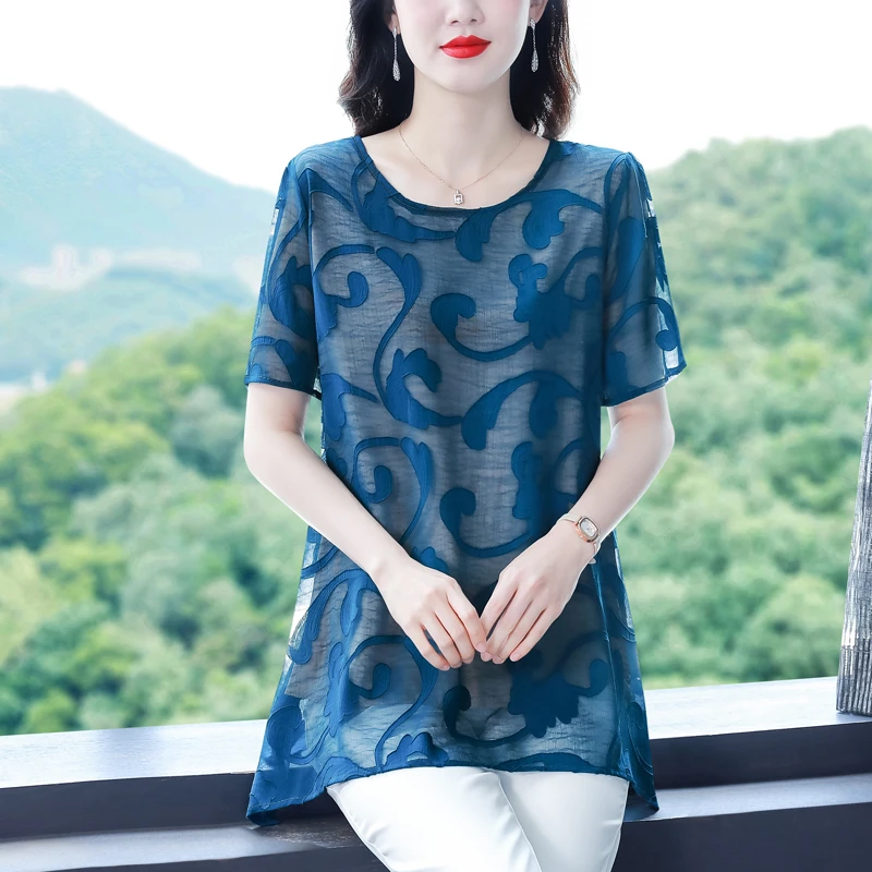 大码夏季洋气宽松中长款印花雪纺衫女士短袖中年妈妈开叉上衣清凉