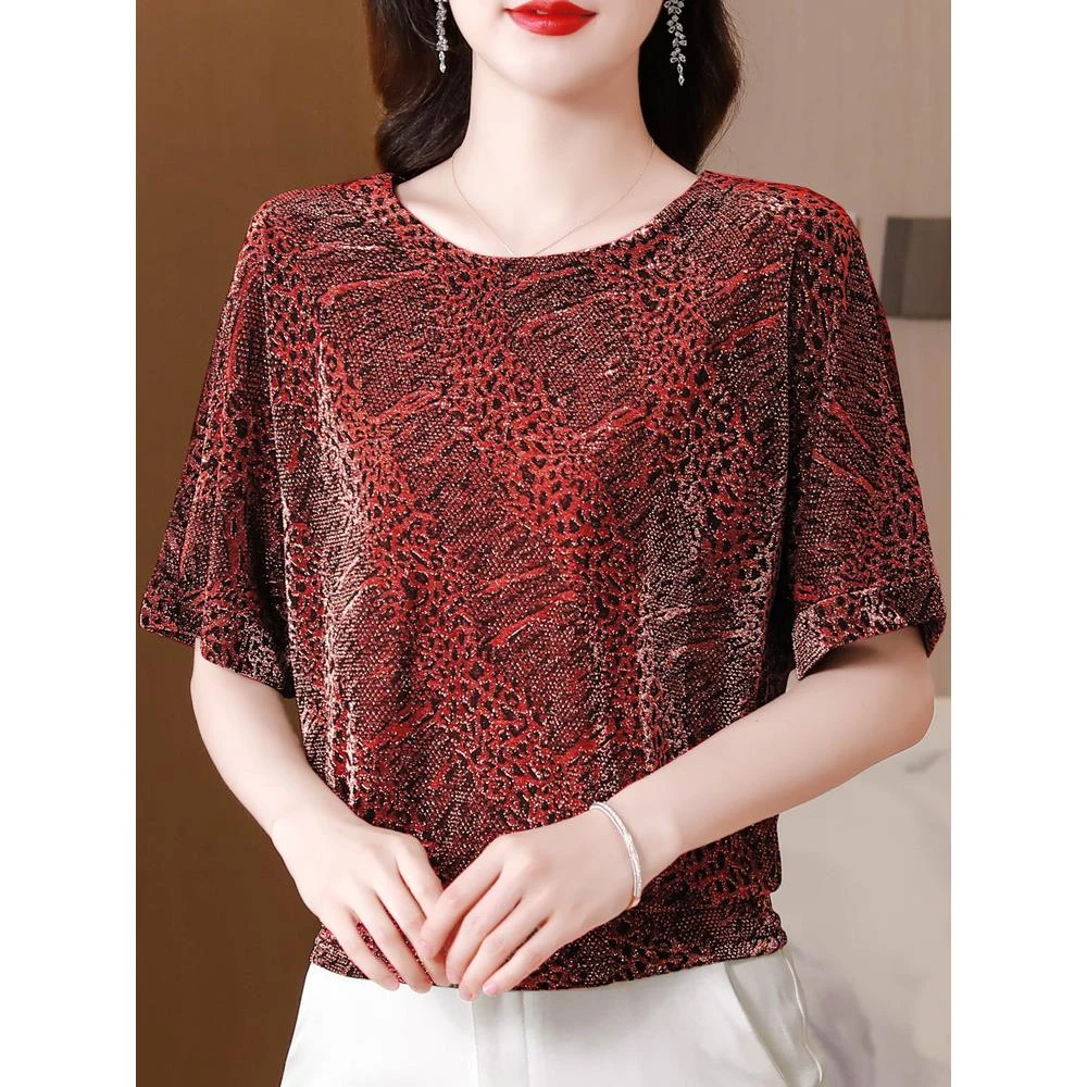 大码短袖T恤女豹纹蝙蝠袖洋气小衫中年妈妈夏装宽松遮肚网纱上衣