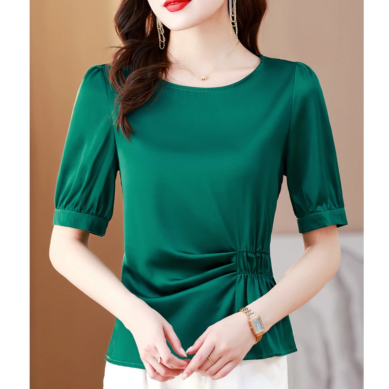时尚圆领衬衫女短袖t恤夏季新款体恤收腰短款上衣遮肚子洋气小衫