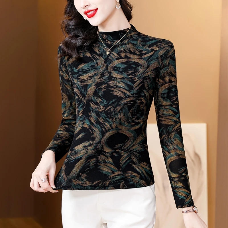 半高领印花长袖打底衫女秋冬季内搭网纱T恤中年妈妈上衣加绒小衫