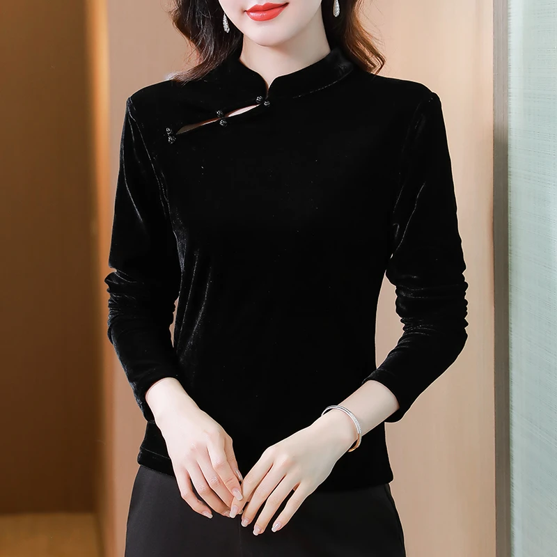 黑色金丝绒上衣洋气盘扣旗袍女中式长袖T恤春秋新款小立领打底衫
