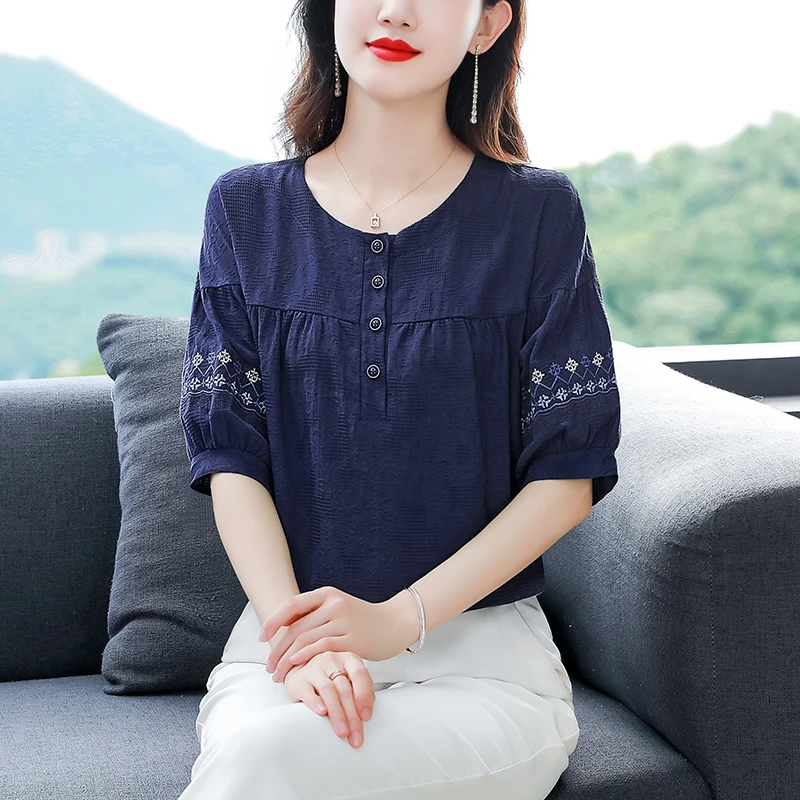 夏季棉麻短袖T恤女夏装2025新款时尚洋气小衫宽松显瘦遮肚子上衣