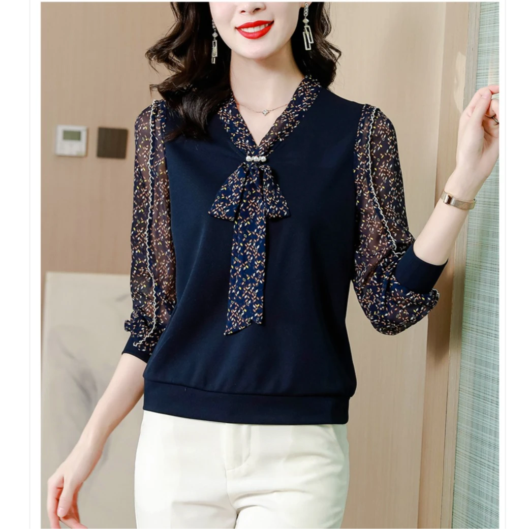 针织衬衫女长袖飘带衬衣春秋冬新款妈妈小衫宽松时尚碎花打底上衣