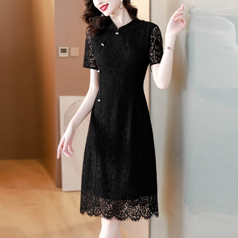 新中式立领蕾丝连衣裙女夏季新款洋气质显瘦中长裙黑色短袖裙子女