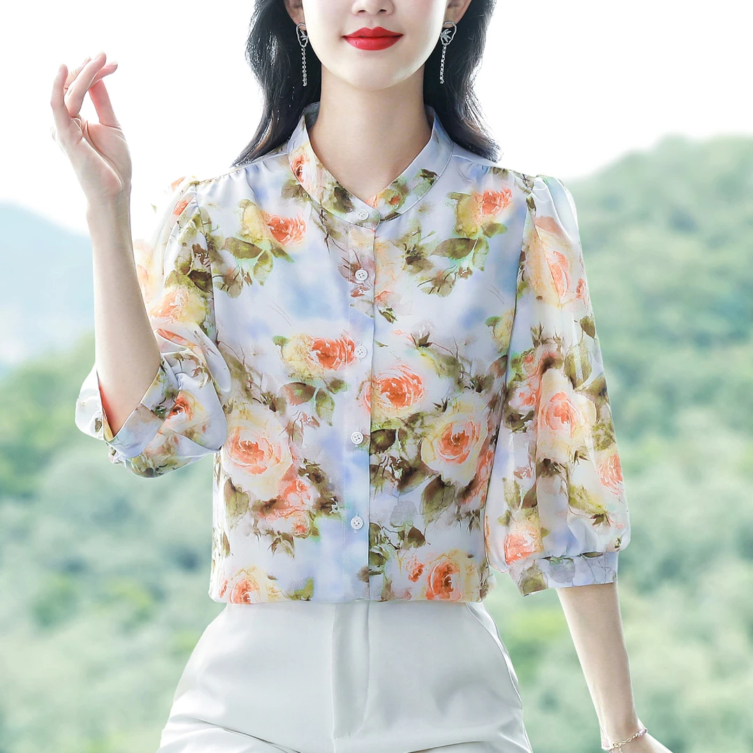 中年妈妈夏装立领印花雪纺七分袖衬衫女夏季开衫衬衣减龄中袖上衣