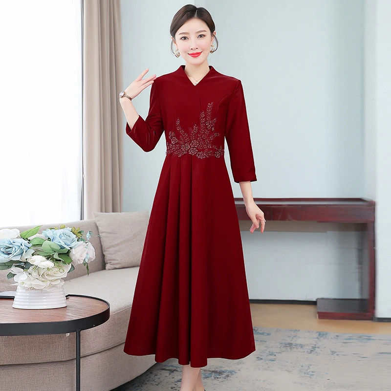 喜婆婆婚宴装长袖连衣裙春秋季婚礼裙子结婚妈妈礼服年轻秋冬装